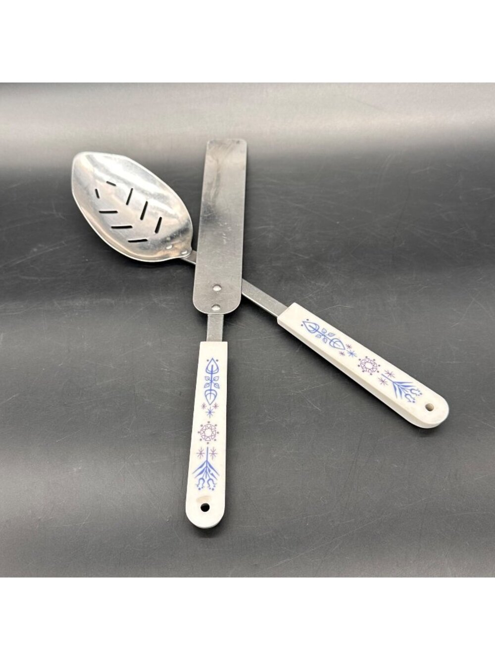 Vintage Slotted Spoon Spatula Set ACE Stainless Steel Blue Floral Handles USA